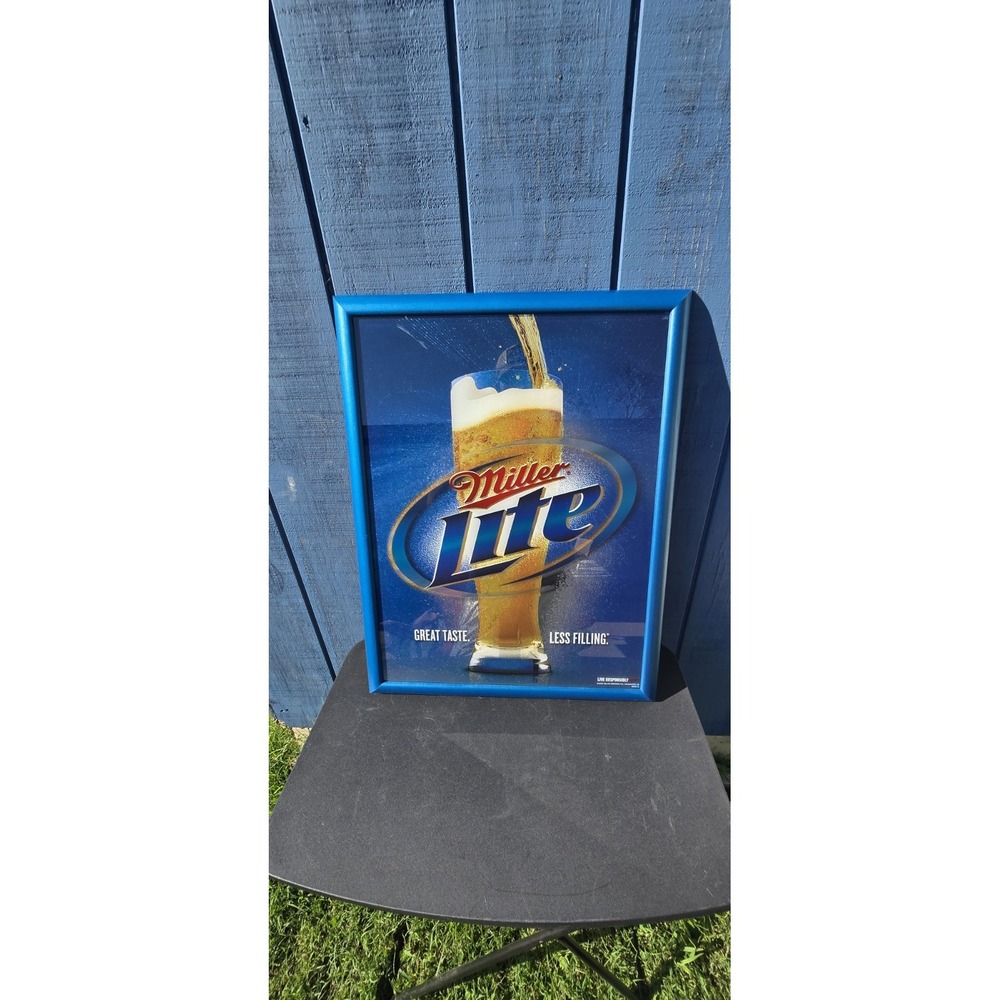 Miller Lite beer sign mirror reflective plaque framed wall display bar 32x26"